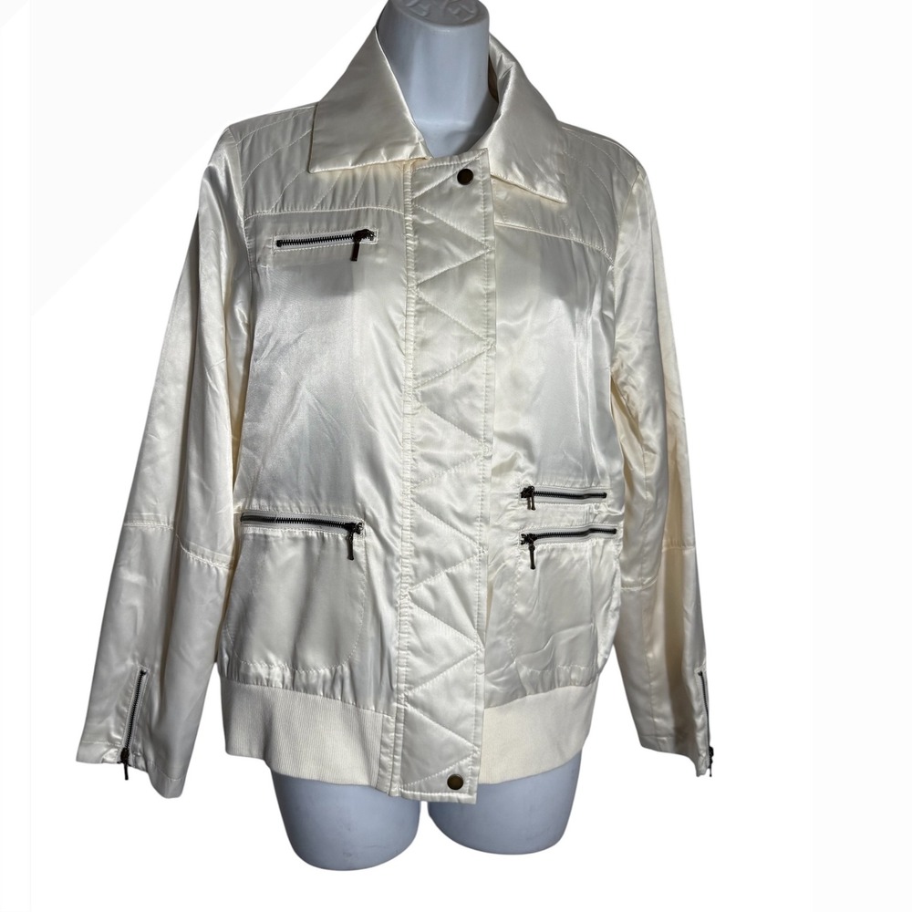 Zenergy by Chico's Quilted Bomber Jacket‎ Size XS Cream White Zip Pockets